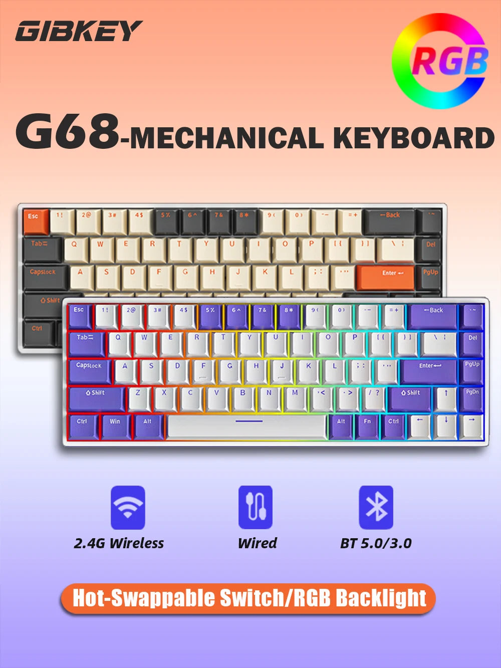 GIBKEY G68 – Clavier mécanique 65% sans fil avec rétroéclairage RVB