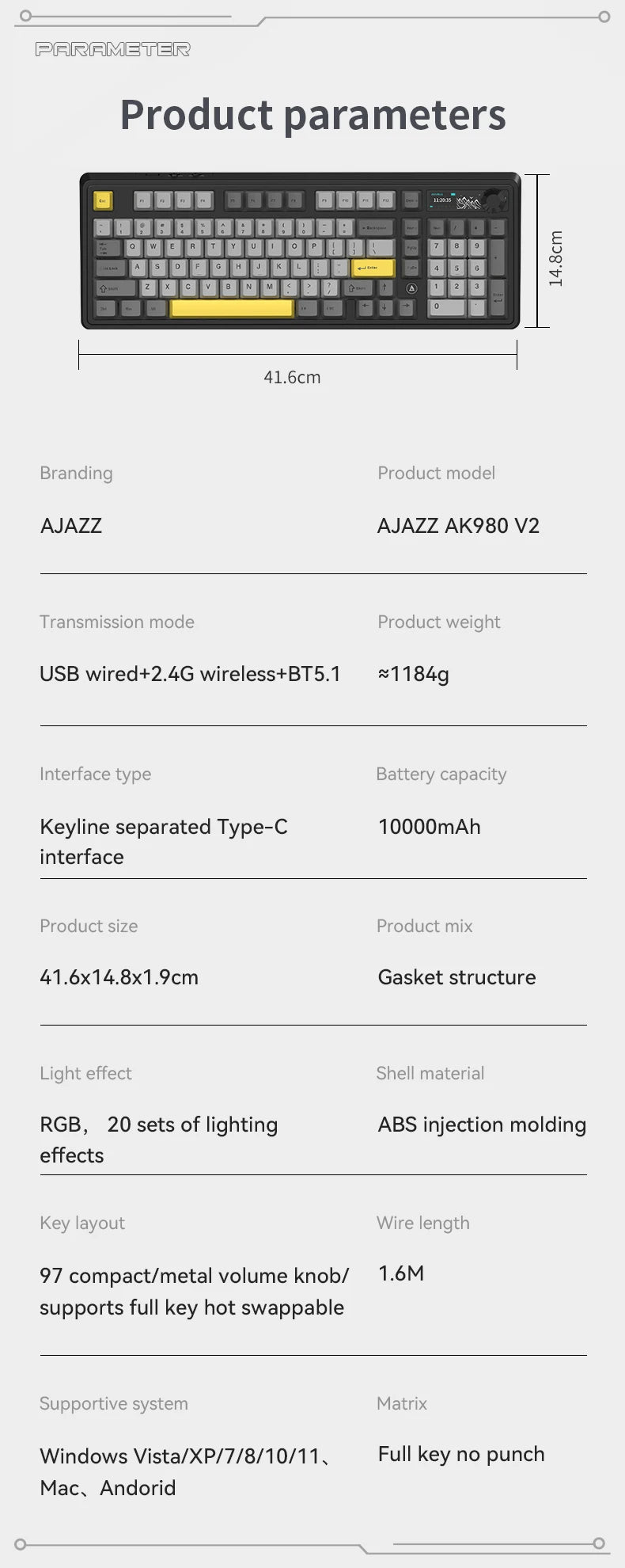 AJAZZ AK980 – Clavier Mécanique de Jeu 98 Touches avec Écran TFT et RGB