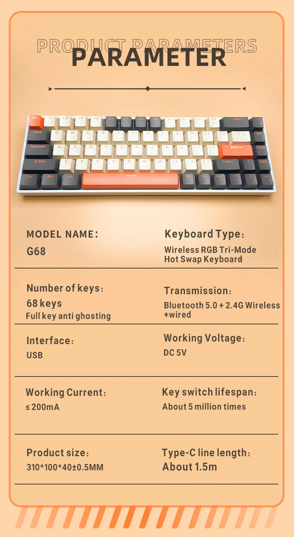 GIBKEY G68 – Clavier mécanique 65% sans fil avec rétroéclairage RVB